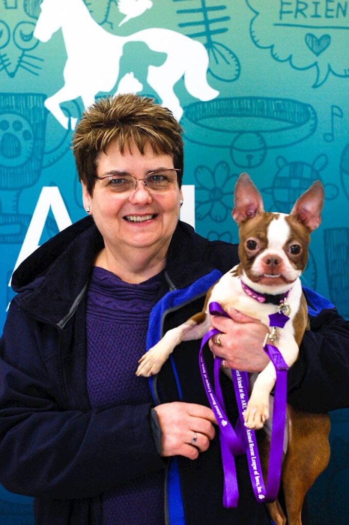 Bella arrived at the Animal Rescue League of Iowa emaciated – hunched over, shivering uncontrollably, and covered in urine and feces. She had been neglected and abandoned and was so weak from starvation and dehydration that she could barely stand. On top of that, she was suffering from hypothermia