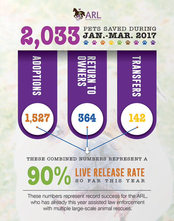 The Animal Rescue League of Iowa (ARL) has released the number of animals' lives they have saved from January through March this year. A total of 2,033 homeless pets were saved during this time period through adoption, returning lost pets to their owners, and transferring to other shelters through the ARL's Transfer Partner program