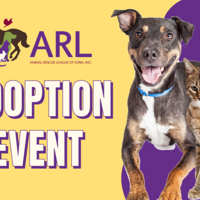 A promotional graphic for an adoption event by the Animal Rescue League of Iowa, featuring a happy dog and a tabby cat beside bold text that reads Adoption Event on a yellow and purple background.