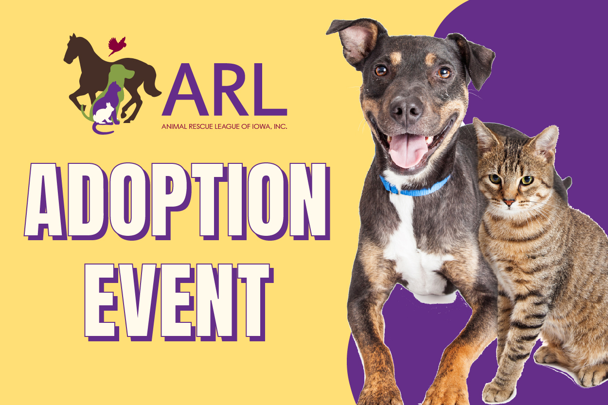 A promotional graphic for an adoption event by the Animal Rescue League of Iowa, featuring a happy dog and a tabby cat beside bold text that reads Adoption Event on a yellow and purple background.