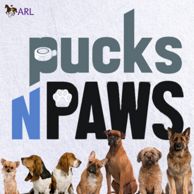 Logo with the words pucks N PAWS in bold letters, featuring a hockey puck for the u and a paw print in PAWS. Six dogs of different breeds sit in a row below the text. ARL logo in the top left corner.
