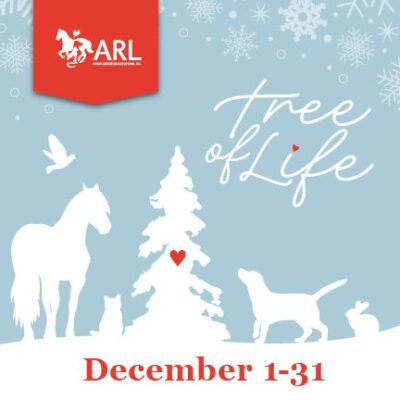 A winter scene with silhouettes of a horse, cat, bird, and dog near a snow-covered tree with a red heart. Tree of Life is written above, and December 1-31 is at the bottom. ARL logo with a horse is in the top left.
