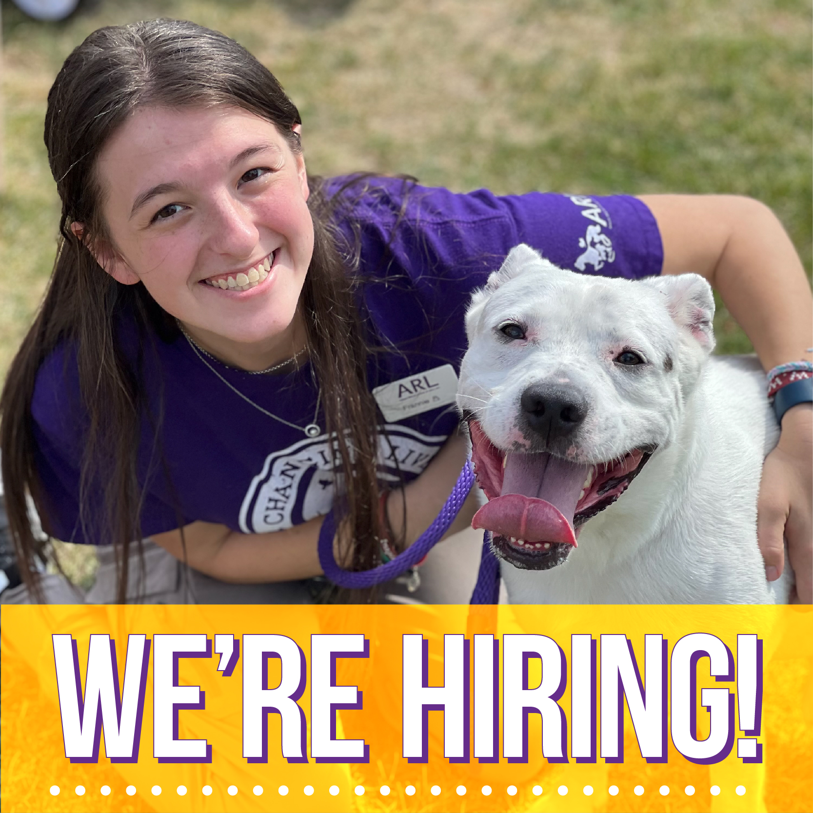 ARL staff and dog with we're hiring graphic